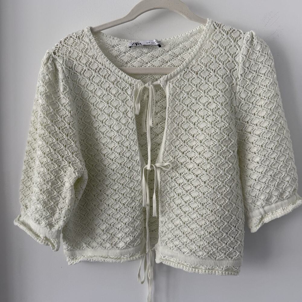 ZARA Pointelle Open knit top Tie Front Size M Crochet Elastic Puff Sleeves - Picture 2 of 7